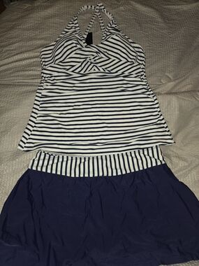 Striped Navy and White Halter Tankini with Navy Swim Skirt